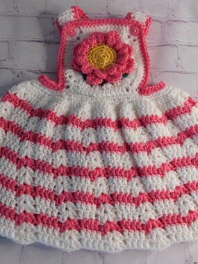 Handmade Crochet Baby Dress, Pink Flower Outfit, Newborn Gift, Fits 0-3 Months